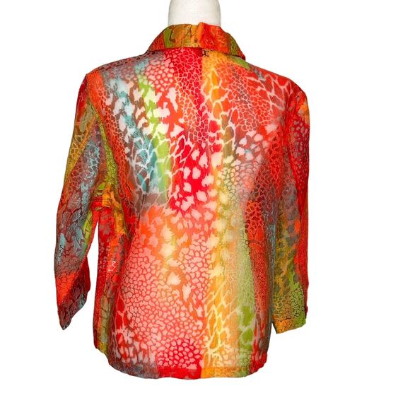 Toni Morgan Bright Giraffe Print Sheer Burn Out 3/4 Sleeve Button Up Blouse LGE - Picture 3 of 10